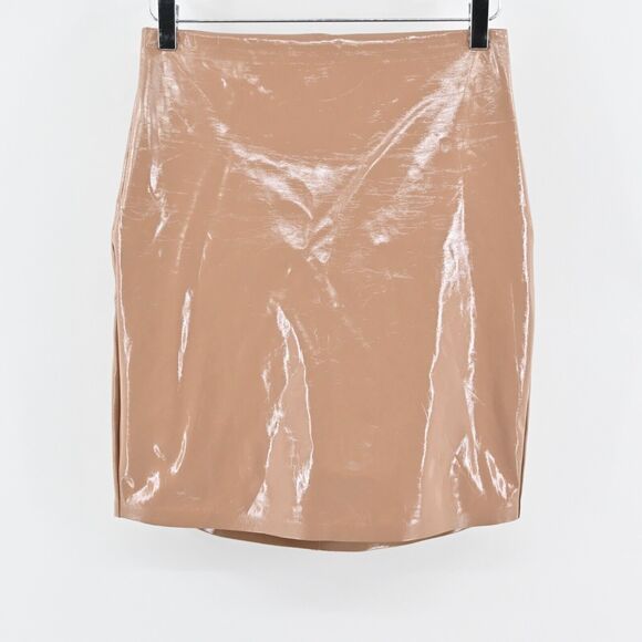 COMMANDO Skirt Size M Faux Patent Leather Tan Mini Bodycon Skort Stretch Pull On - Picture 1 of 12